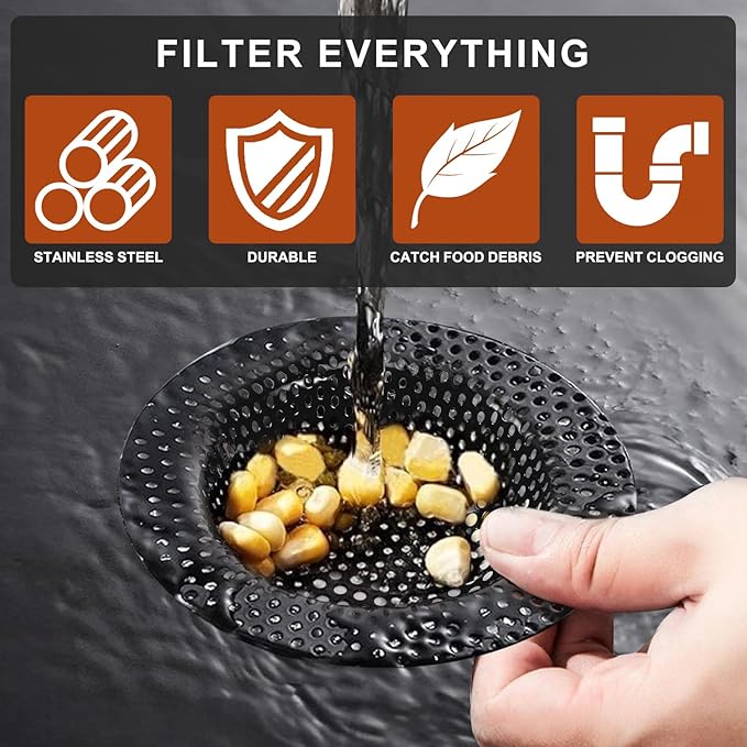 2 Pcs Black Stainless Steel Mesh Sink Drain Strainer, 4.45" Top/2.95" Kitchen Filter Trap Basket,Large Food Catch for Bathroom Bathtub Wash basin Floor drain balcony RV Drain Hole Electroplated Coatin