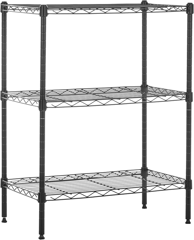Amazon Basics 3-Shelf Adjustable Heavy Duty Steel Wire Rack Storage Shelving Organizer for Kitchen, Garage, 23.2" L x 13.4" W x 30" H, Black