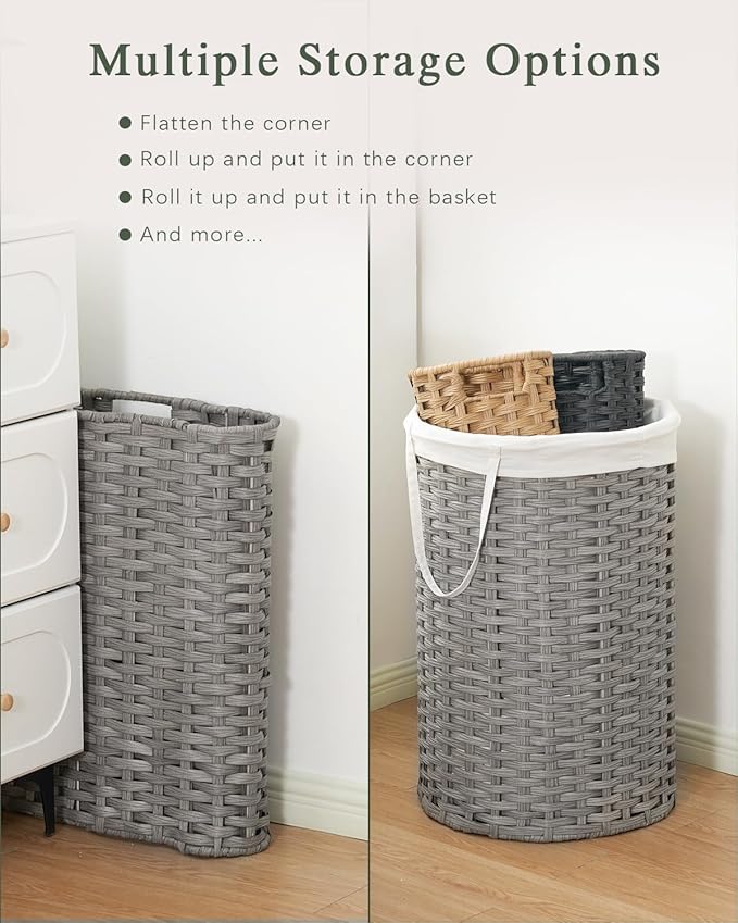 Large Laundry Hamper Laundry Basket Round 34.3 Gal (130 L) Handwoven Wicker Laundry Baskets Rattan Laundry Basket with Laundry Bag Handles 2 Mesh Bags for Living Room Bedroom Gray
