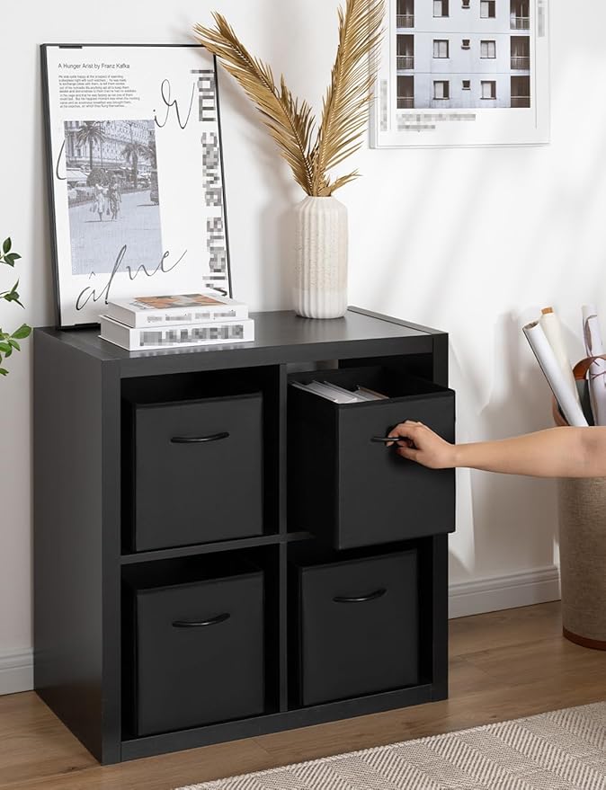 StorageWorks Black Storage Cubes, 11-inch Leather Bins with Handle, Cube Organizer Baskets for Shelves and Closet, Collapsible Storage Bins, 4-Pack