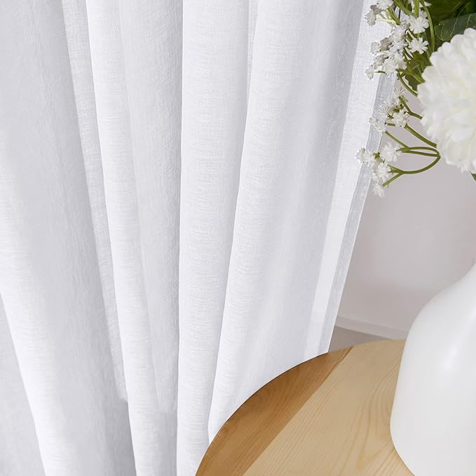 Tollpiz Sheer Curtain Linen Textured Bedroom Curtains Sheer Light Filtering Rod Pocket Voile Curtain for Living Room, 54 x 95 inches Long, White, Set of 2 Panels
