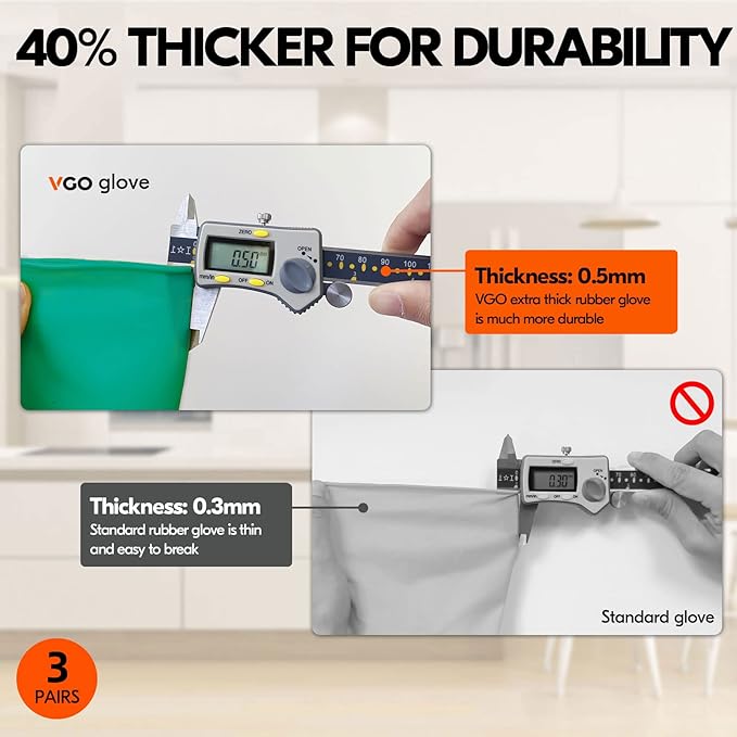 Vgo... 3-Pairs Reusable Household Gloves, Rubber Dishwashing gloves, Extra Thickness, Long Sleeves, Kitchen Cleaning, Working, Painting, Gardening, Pet Care (Size L, Green, HH4601)