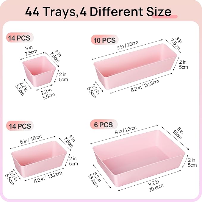 Vtopmart 44 PCS Plastic Drawer Organizers Set, 4-Size Versatile Bathroom and Vanity Organizer Trays, Non-Slip Storage Containers for Makeup, Jewelries, Bedroom，Kitchen Utensils and Office, Pink