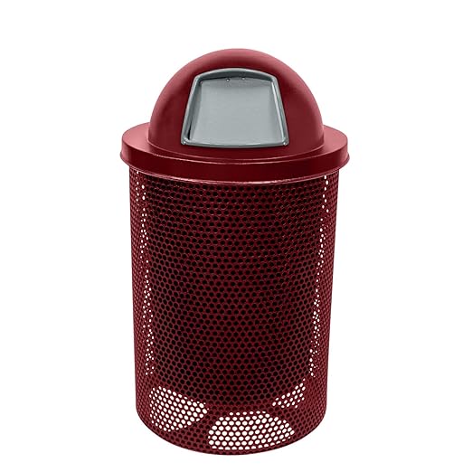 COATEDOUTDOORFURNITURE RDT-P-BUR Heavy Duty Round Trash Receptacle with Dome Top, Liner Included, 32 Gallon, Burgundy, Made in America
