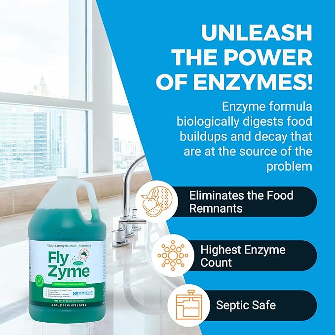 Kinzua Environmental Fly-Zyme, Highly Concentrated Enzyme Drain Cleaner for Pipes, Drain Gel for Fruit Flies, Organic Waste Degrader & Odor Neutralizer, 1 Gallon
