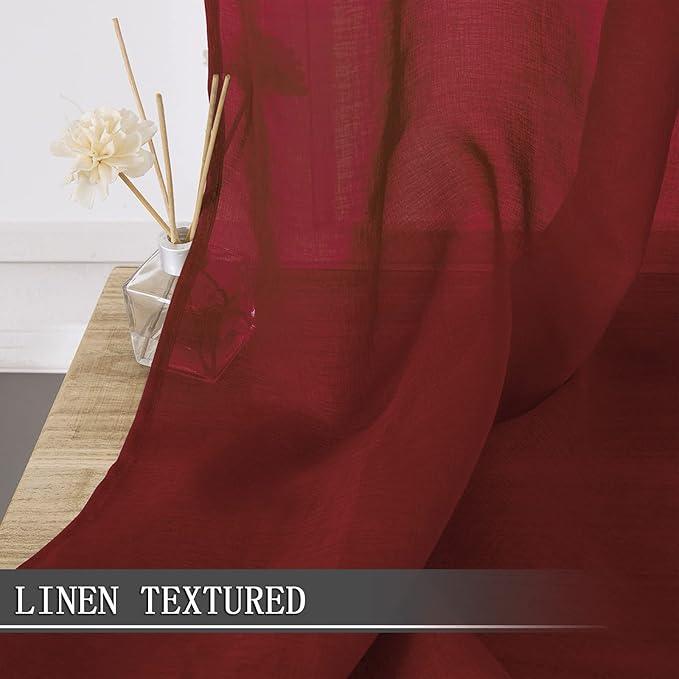 Tollpiz Short Sheer Curtains Linen Textured Bedroom Curtain Sheers Light Filtering Rod Pocket Voile Curtains for Living Room, 54 x 45 inches Long, Burgundy Red, Set of 2 Panels