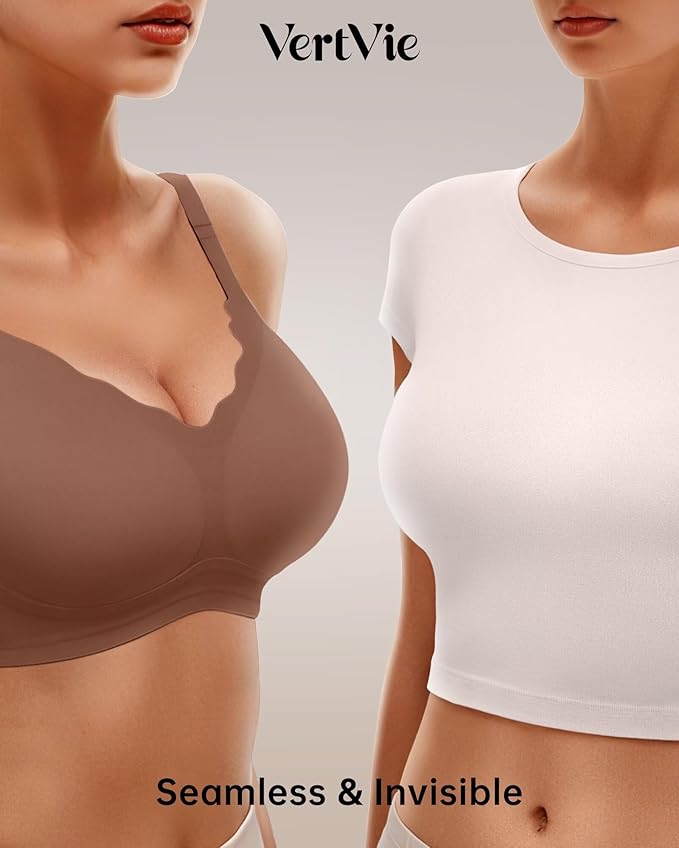 Vertvie Womens Seamless Bras No Underwire Supportive Wireless Push Up Full Coverage Bralette Comfort Scalloped T-Shirt Bra