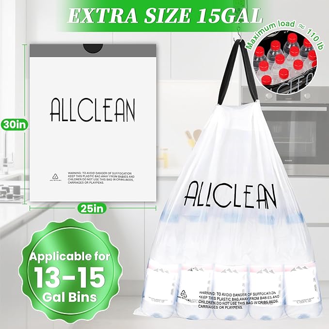Trash Bags 15 Gallon Tall Kitchen Drawstring Garbage Bags,Fit 13-15 Gal Bins,Extra Strong&Leak-Proof,Unscented&Recyclable Trash Can Liners for Home Office Industrial Bathroom Garden Lawn