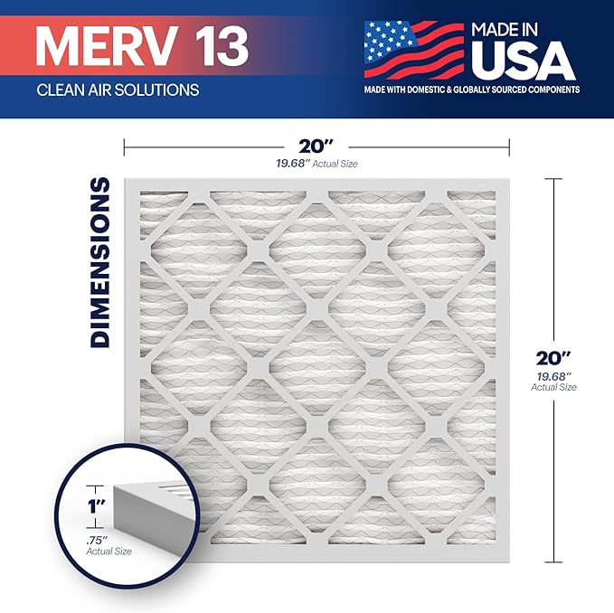 BNX TruFilter 20x20x1 Air Filter MERV 13 (6-Pack) - MADE IN USA - Electrostatic Pleated Air Conditioner HVAC AC Furnace Filters for Allergies, Pollen, Mold, Bacteria, Smoke, Allergen, MPR 1900 FPR 10