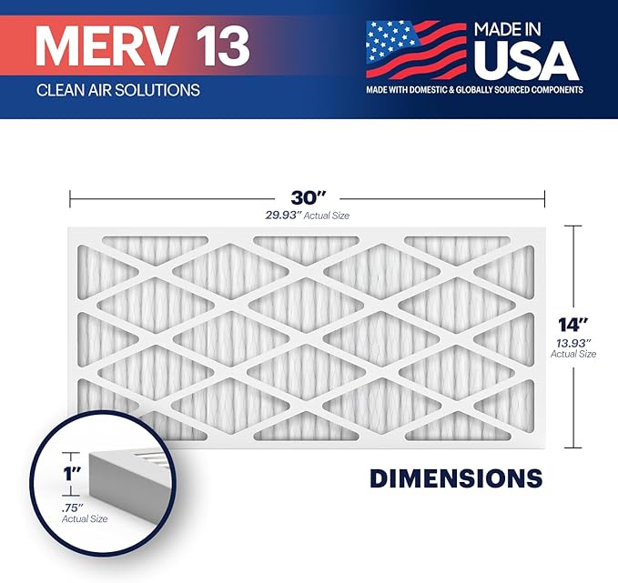 BNX TruFilter 14x30x1 Air Filter MERV 13 (6-Pack) - MADE IN USA - Electrostatic Pleated Air Conditioner HVAC AC Furnace Filters for Allergies, Pollen, Mold, Bacteria, Smoke, Allergen, MPR 1900 FPR 10