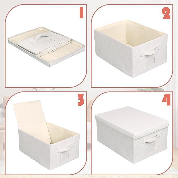 Large 17''x12'' Quart Collapsible Stackable Storage Bins with Lids, 2 Packs Off White Fabric Closet Boxes with Lids, Storage Cube Baskets Container Organizers for Bedroom Office(17''x12.2x''8'')