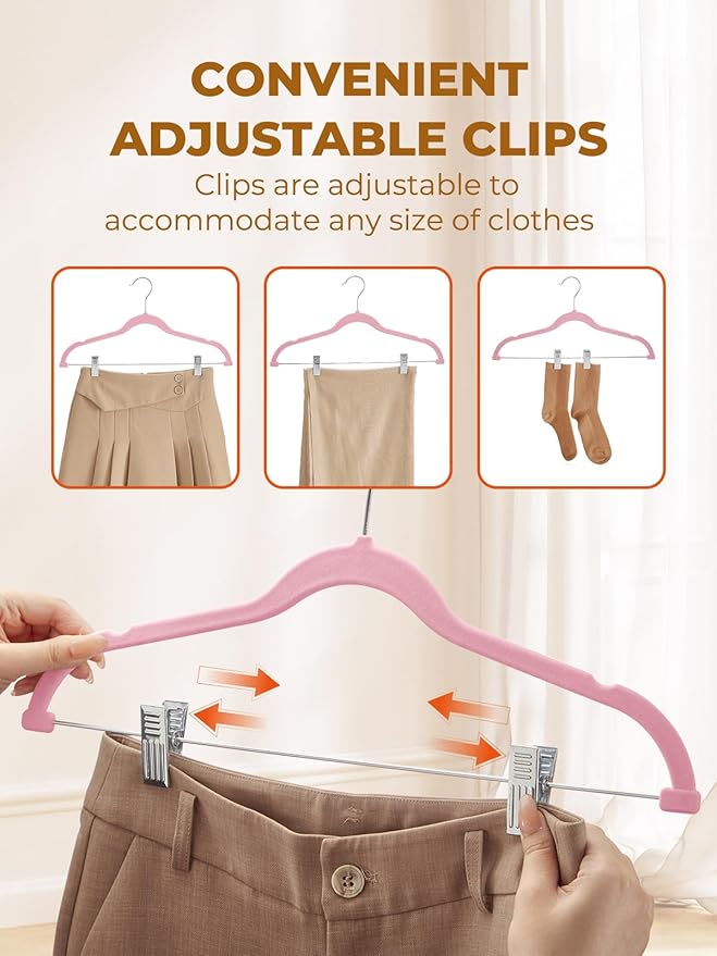 HOUSE DAY Velvet Skirt Hangers - Pink Velvet with Adjustable Clips, Space Saving, Slim, Heavy Duty and Non Slip for Pants, Skirts, Shorts - 24 Pack