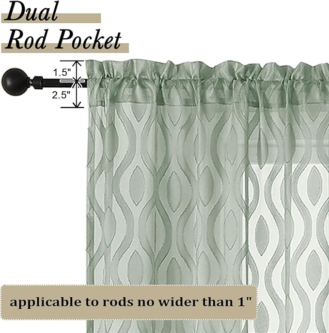 Aiyufeng Sheer Curtains 96 Inches Long for Bedroom and Living Room, 2 Panels, Farmhouse Wavy Line Light Filtering Clip Jacquard Solid, Rod Pocket, Sage Green, 40"Wx96"L