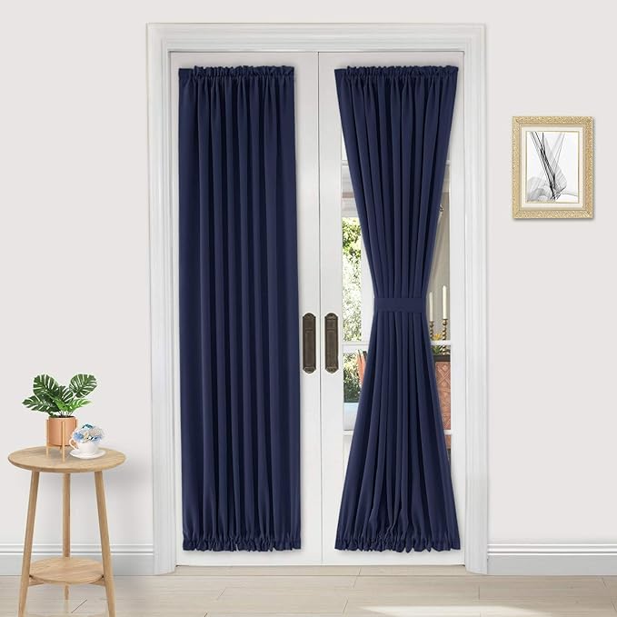 DWCN French Door Curtains – Rod Pocket Thermal Blackout Curtain for Doors with Glass Window, Kitchen and Patio Doors for Privacy, 23 X 72 Inches Long, 1 Curtain Panel with Tieback, Navy Blue