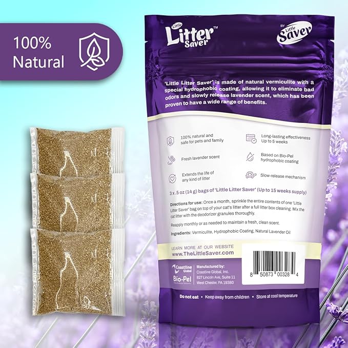 Little Litter Saver | a New Generation Of Cat Litter Box Deodorizer | Unique Slow Release Formula | Natural Fresh Scent | Up to 15 Weeks Supply | 3 x 0.5oz bags (Lavender)