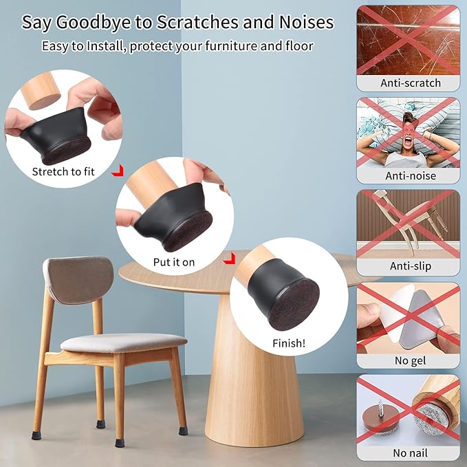 Ezprotekt 8 Pcs Extra Large Chair Leg Protectors with Felt, Silicone Felt Furniture Pads, Floor Protectors for Chair, Bar Stools Leg Protectors Caps, Table Leg Cups Covers (XL Fit: 1.4"-1.65", Black)