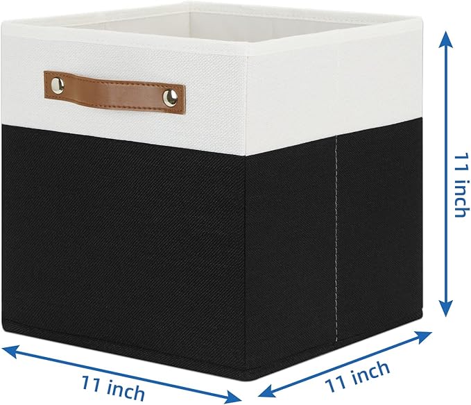 Temary 11 inch Cube Storage Bin 4 Pack Fabric Storage Cubes for Home, Fabric Storage Bin Storage Cube Bins with Leather Handles(White&Black)