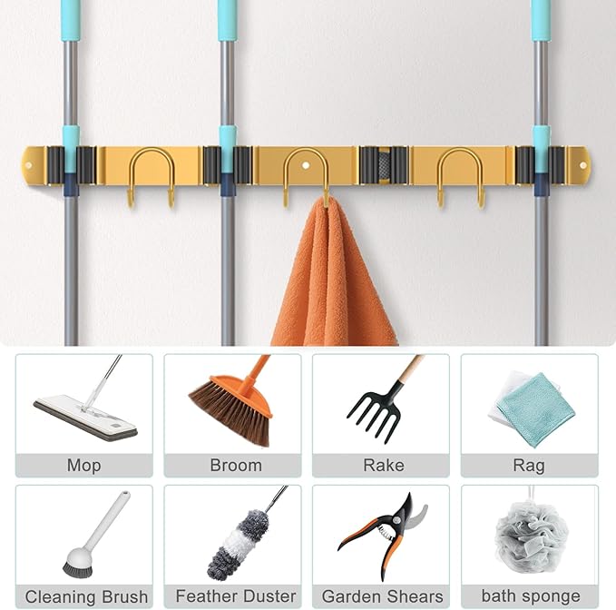 Mop Broom Holder Wall Mount, 2 Packs Gold Stainless Steel Tool Storage Organizer for Kitchen Garden Garage Laundry Room Bathroom and RV with 4 Slots 6 Hooks