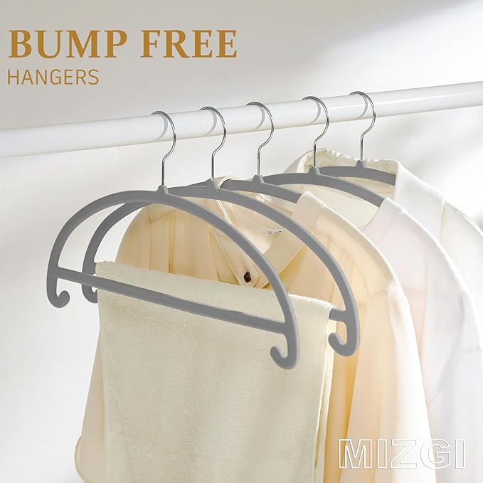 MIZGI 50 Pack Gray Velvet Hangers - No Shoulder Bumps, Heavy Duty Non-Slip Chrome Hooks for Jackets, Coats, Pants
