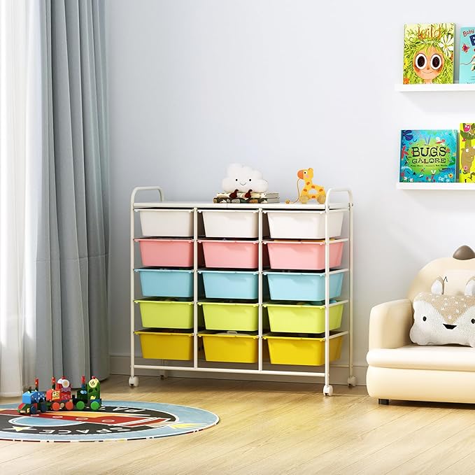 15 Drawers Rolling Cart With Wheels, Plastic Storage Drawer With Metal Frame, Multipurpose Art Craft Organizer, Utility Cart for Home, Office, School, Multicolor