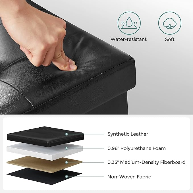 SONGMICS MAZIE Collection - 43 Inches Storage Ottoman Bench with Flipping Lid, Storage Chest with Iron Frame Support, Load 660 lb, for Living Room, Bedroom, Synthetic Leather, Black ULSF75BK