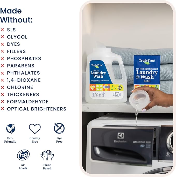 Truly Free Laundry Wash Detergent for Sensitive Skin, Gentle & Safe for Baby Clothes | Plant-Based, Natural Ingredients | Unscented | Include 1 Refillable Bottle (50 Loads)