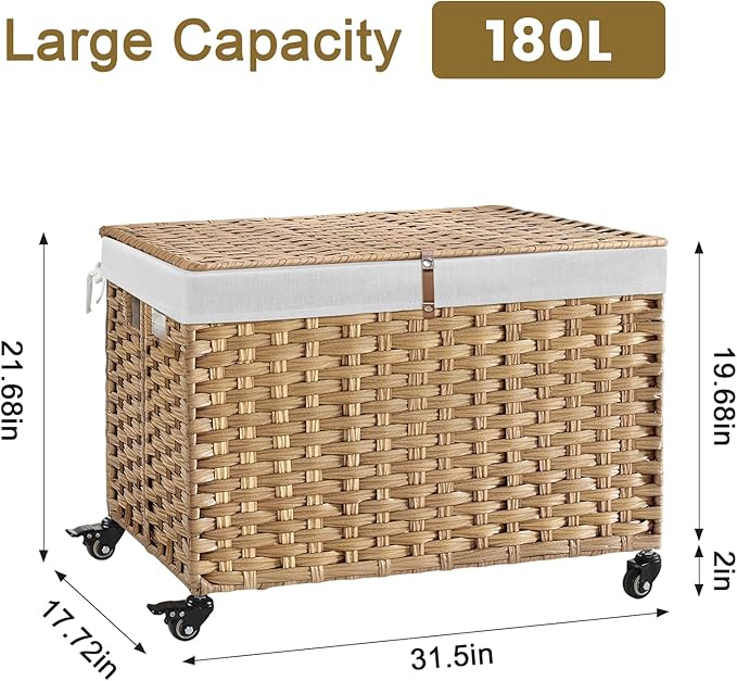 Rolling Storage Basket with Lid, 47.6 Gallon (180L) Storage Bin with Wheels, Woven Rattan Blanket Storage Basket with Handles, Foldable, Metal Frame, Removable Liner for Bedroom, Laundry Room, Natural
