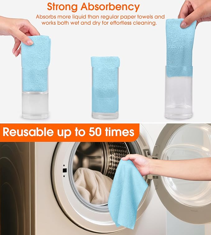 Roll of Microfiber Cleaning Cloth –100 Pack, Tear Away Microfiber Towels, Reusable, Washable, Scratch-Free, Cleaning Supplies,Kitchen Towels for Car, Home, Kitchen, Glass, Dishes(Blue)