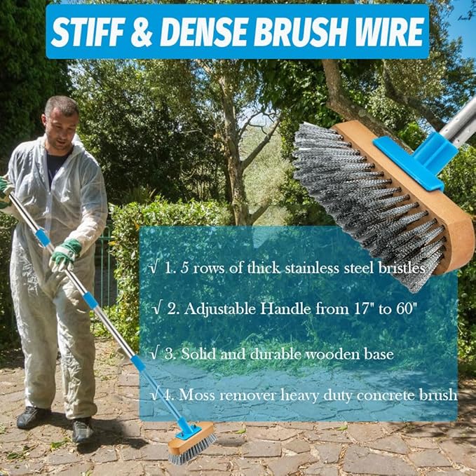 YONILL Stainless Steel Deck Scrub Brush with Long Handle - 60" Heavy Duty Floor Scrubber Brush with Pole, Moss Remover Wire Cleaning Brushes for Rough Surface, Concrete Floor, Patio, Garden, Garage