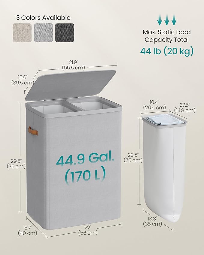 SONGMICS Laundry Basket, 44.9 Gal. Laundry Hamper, 2 Compartments, Easy Assembly, with Lid and Handles, Removable Inner Bags, 22 x 15.7 x 29.5 Inches, Dove Gray ULCB813G01