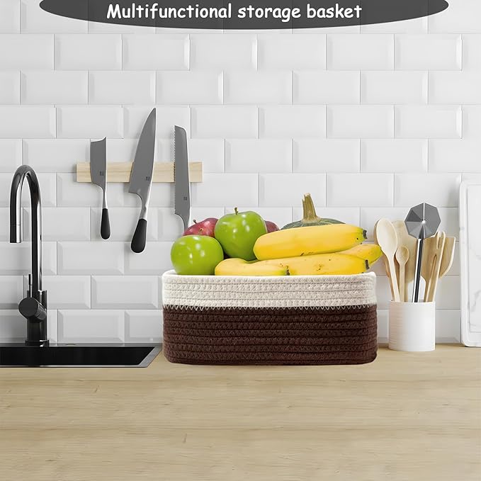 COMFY HOMI 11.5"x7.5"x4.7" Storage Baskets for Organizing | Cotton Rope Woven Basket | Toy Storage Bin Box | Basket for Shelves, Closet Organizer Bin, Decorative Closet Shelf, 3 Pack, dark brown/white