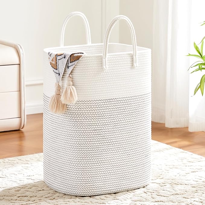 Laundry Basket,Woven Cotton Rope Laundry Hamper,Versatile Storage for Dirty Clothes,Baby Toys,and Blankets in Bathroom, Nursery,and Living Room (White, 60L)