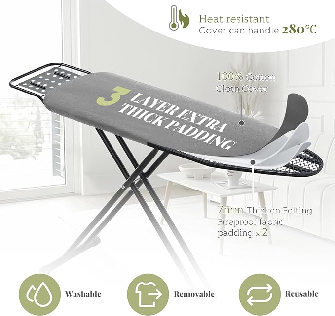 Ironing Board Full Size, RAINHOL 43"x13" Heavy Duty Compact Ironing Board with Iron Rest, Height Adjustable Sturdy Iron Stand, Grey Cover with Extra Thick Padding