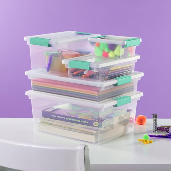 Sterilite 12-Pack Clip Box, Stackable Clear Plastic Bins with Latching Lids, Large - Writing, Arts or Crafts Supplies Storage Containers for Home, Office, Classroom and Workshop Organization