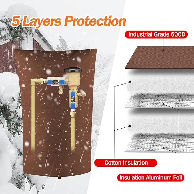 TOHONFOO Backflow Preventer Pipe Insulation Cover (5°F) - Irrigation Sprinkler Valve Insulated Pouch - Water Well Pump Cover - Sturdy 5 Layers for Winter Freeze Protection, 22" W x 34" H, Brown