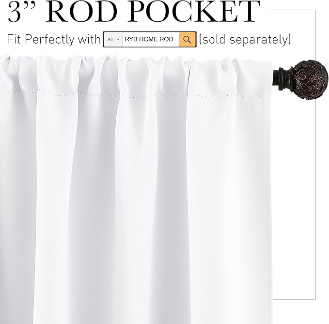 RYB HOME Window Decor Kitchen Curtain Drapes - 50% Blackout Thermal Insulated Curtains Set Rod Pocket Energy Saving for Bedroom Kitchen Livingroom Dining, 42 Wide x 72 Long, Pure White, 2 Panels