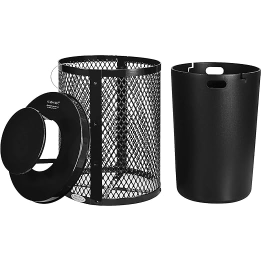 Global Industrial Outdoor Diamond Steel Trash Can with Rain Bonnet Lid and Plastic Liner, 36 Gallon Capacity, Black, Thermoplastic Coating, 23-1/2" Diameter, 40-1/2"H