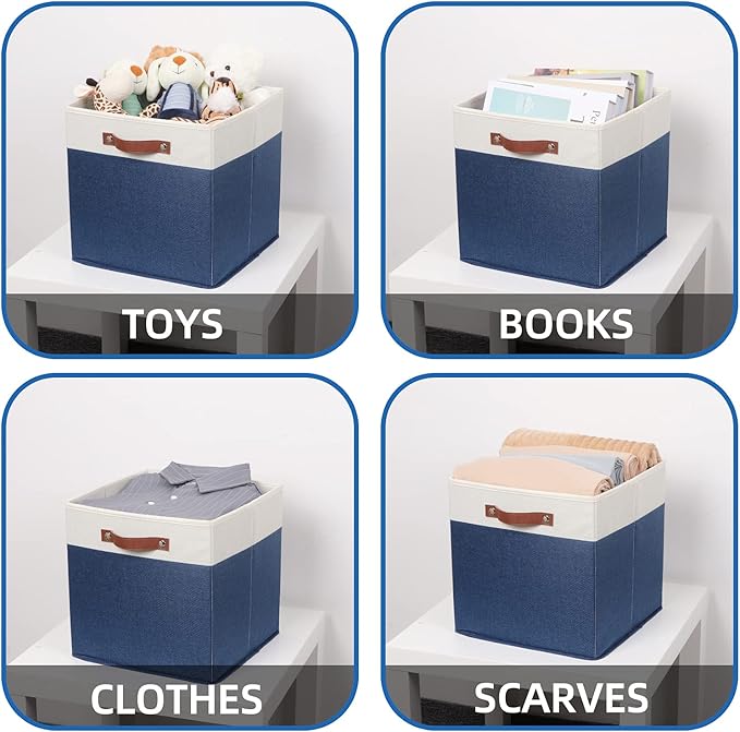 Temary Fabric Storage Bins for Cube Organizer 4 Pack Cube Storage Bins 13 Storage Cubes for Shelves Storage Baskets for Organizing Books, Clothes, Towels (White & Blue, 13x13x13 Inch)