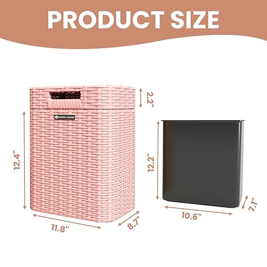 Ypati Handwoven 4 Gallon Rattan Trash Can with Lid, Boho Style Decorative Indoor and Outdoor Trash Bin with Shelf, Waste Basket for Bathroom, Patio, Study, with Trash Bags, Macaron Pink, Eureka