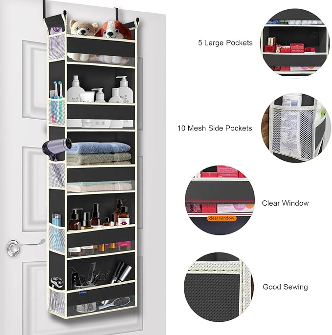 Over The Door Hanging Organizer 5-Shelves and 10 Side Pockets, Over The Door Storage for Bathroom and Bedroom, Back of Door Organizers for Baby Accessories and Kid's Toys (13"x5"x44", Black)