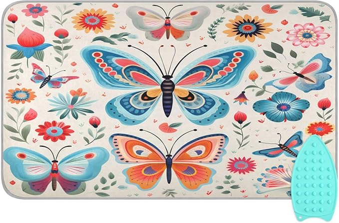 Decorative Butterfly Floral Ironing Mat Thickened Ironing Blanket Travel Portable Double-Side Using Ironing Pad Travel Isolate Heat Pad Cover for Washer Dryer Table Top Countertop 27.6x47.2in