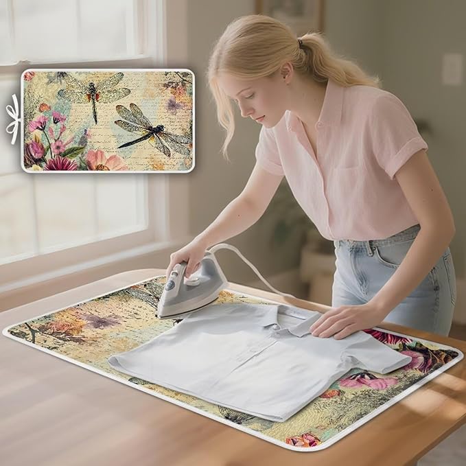 Vintage Ironing Pad Dragonfly Ironing Blanket Thick Travel Iron Pad Heat Resistant Ironing Board Cover for Table Top, Washer, Dryer,32 x 16 Inch Ironing Mats