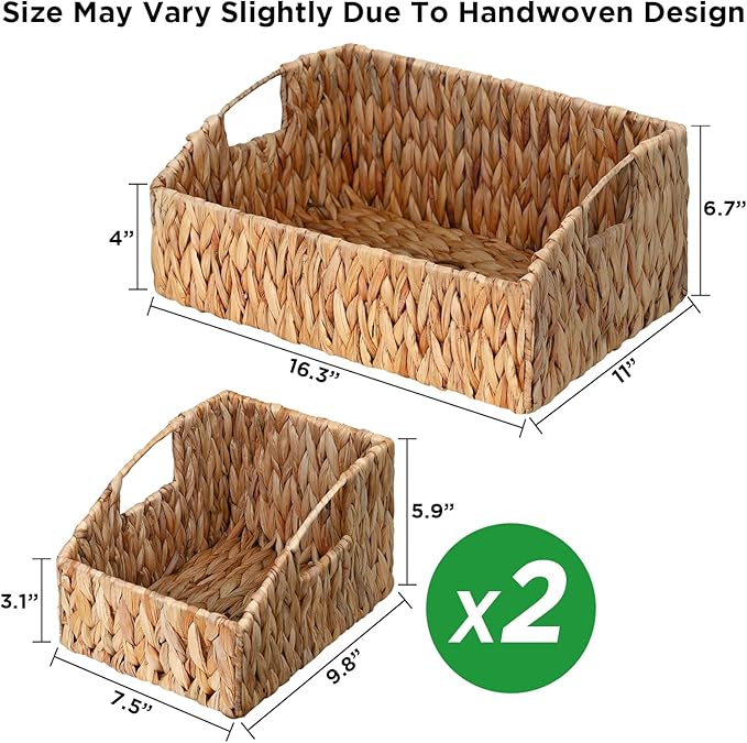 Ollieroo Natural Water Hyacinth Storage Baskets, Handwoven Wicker Storage Bins with Built-in Handles, Storage Container Baskets for Shelves, Bedroom, Bathroom, Laundry Room or Kitchen(Set of 3)