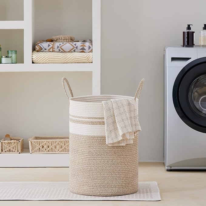 VIPOSCO Large Laundry Hamper, Tall Woven Rope Storage Basket for Blanket, Toys, Dirty Clothes in Living Room, Bathroom, Bedroom - 58L Brown & White