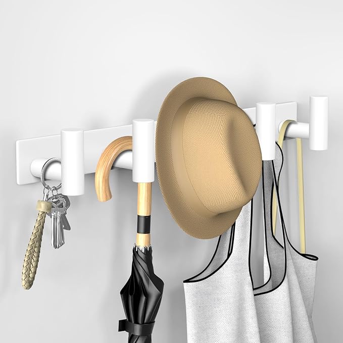 VAEHOLD Hat and Coat Wall Mount Rack - Hooks for Robes, Bags, Keys, and Towels - Bathroom Towel Hanger Organizer (White, “T“ Shape 5 Hooks 2 Pack)