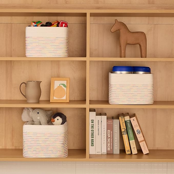 Small Organizing Baskets for Cubes Shelf, 9.7x9.7x7.1 Inch Rope Woven Storage Bins for Nursery Shelves Storage, Cute Toy Basket, Square 3 Packs Off White Rainbow