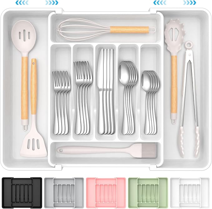Extra Large Expandable Silverware Organizer, BPA-Free Food-Safe Cutlery Flatware Organizer, Kitchen Utensil Drawer Organizer, Adjustable Silverware Holder for Spoons Forks Knives, White