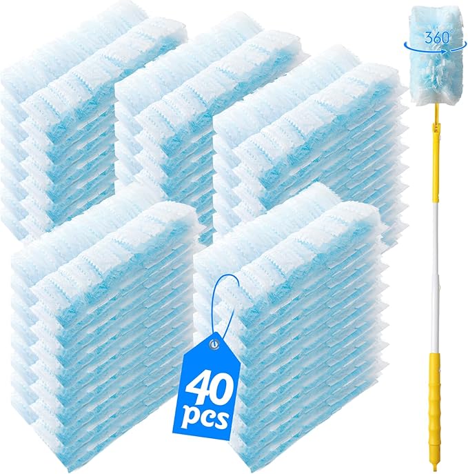 40 Count 360° Heavy Duty Duster Refills Compatible with Swiffer,Large Size-Extra Thick Disposable Electrostatic Duster Refill with 1 Retractable Handle(35-inch Length Fully expanded)