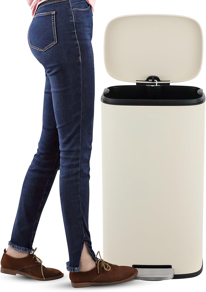happimess HPM1006F Connor Rectangular 13-Gallon Trash Can with Soft-Close Lid and Free Mini Trash Can, Fingerprint Resistant, Modern, Minimalistic for Home, Kitchen, Office, Bathroom, Limestone Beige