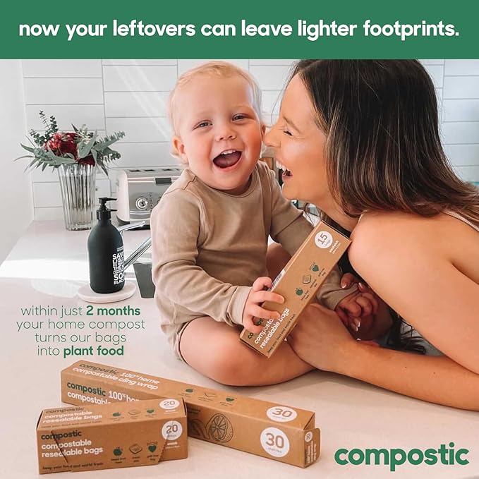 Compostic Home Compostable Resealable Sandwich Bags (7"x7"), Microwave & Freezer Safe, Organic Food Storage Container, 100 Count (Pack of 2)
